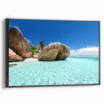 Framed canvas of a black and white Seychelles landscape, ideal for bedroom wall art.