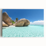 Black and white photo of Seychelles scenery on large stretched canvas, ideal for kitchen wall art or bedroom decor.