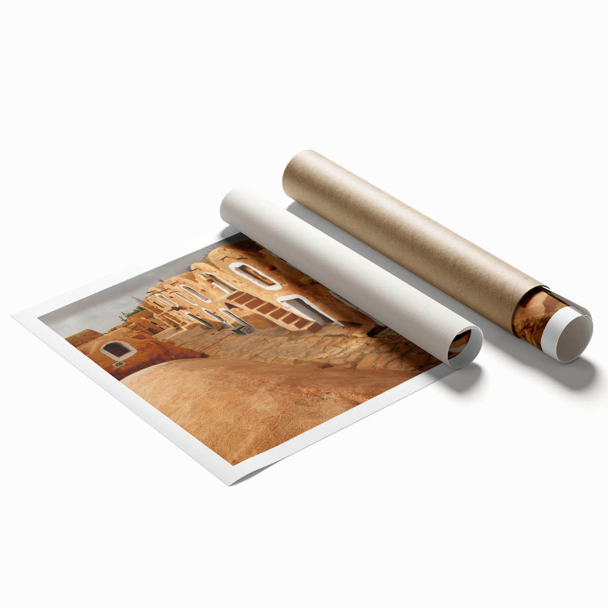 Extra large rolled print of Tunisian landscape with floral foreground in muted earth tones.