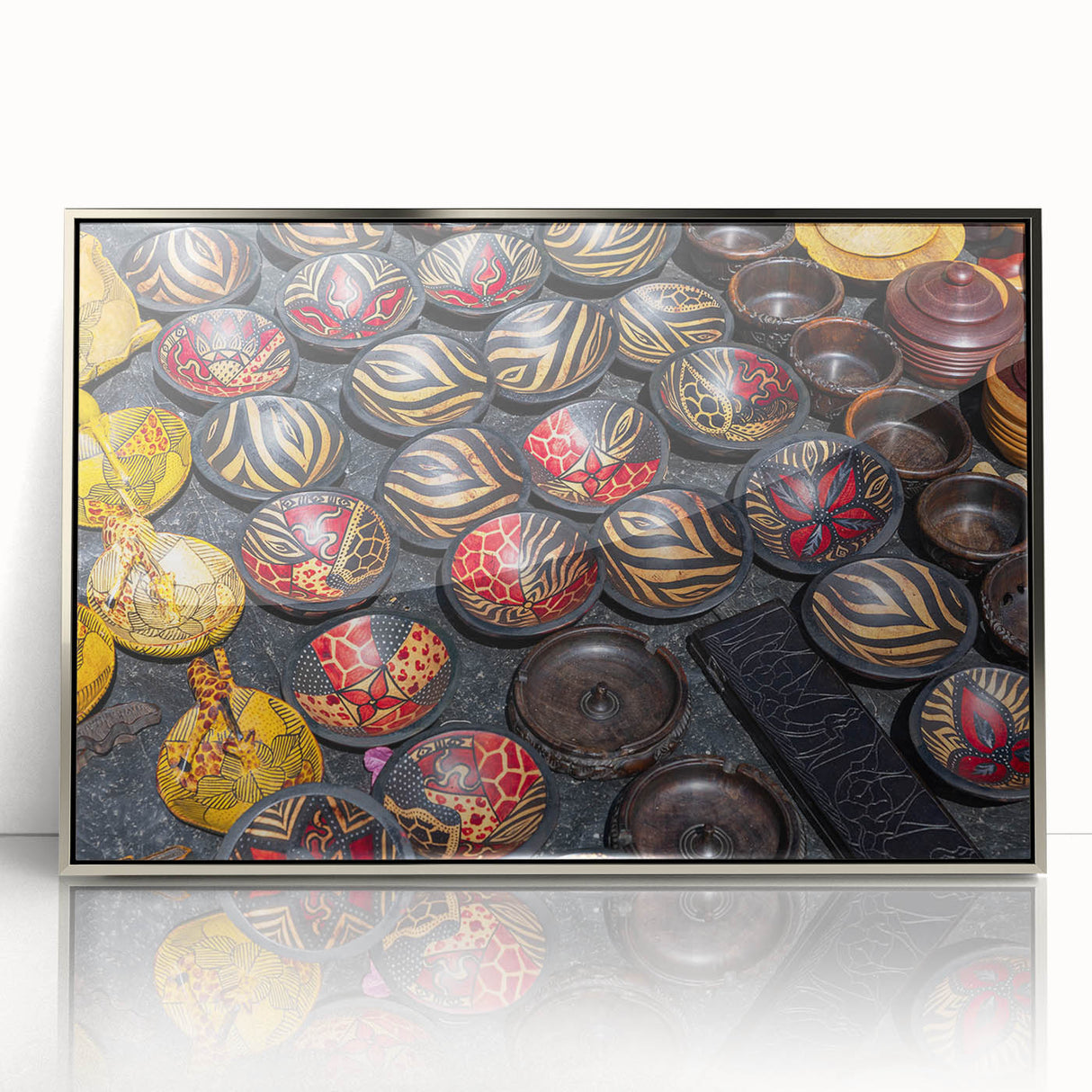 Mid-century modernist acrylic print of a serene Zambia scenery in earth tones, ideal for nursery wall art.