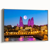 Landscape painting of an Azerbaijan scenery in vibrant colors on a silver-framed canvas, ideal for living room décor.