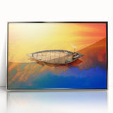 Mid-century modernist art depicting a serene Bangladesh landscape in soft green and blue tones.