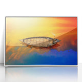 Art Deco poster featuring a serene Bangladesh landscape in muted green and blue tones, acrylic print framed in white.