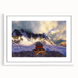 Abstract art print of a Bhutanese landscape in muted earth tones on a framed white mat, ideal for dining room decor.