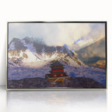 Mid-century modernist art depicting a serene Bhutan landscape in cool blue tones, framed acrylic print.