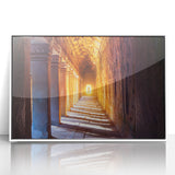 Acrylic print of a Cambodian landscape in muted earth tones, framed in white, suitable for modern art wall decor.