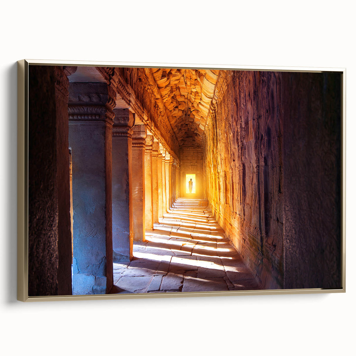 Framed canvas depicting a vintage-style Cambodian landscape with golden and black hues, ideal for bedroom wall art.
