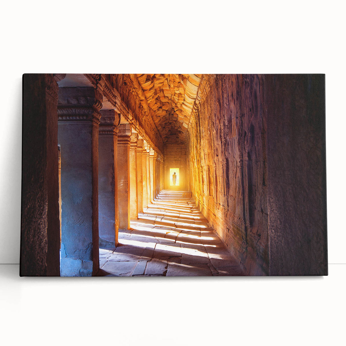 Black and white photograph of Angkor Wat on stretched canvas, ideal for kitchen wall art or bedroom ambiance.