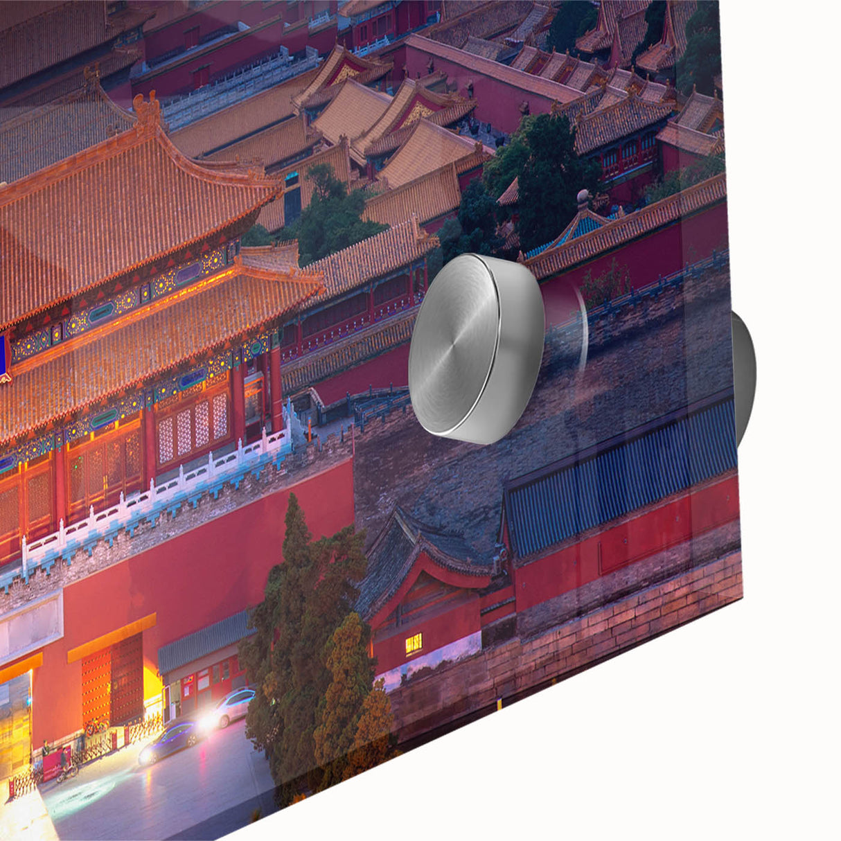 Large abstract wall art depicting a Beijing cityscape, in muted earth tones on acrylic glass, ideal for dining room art.