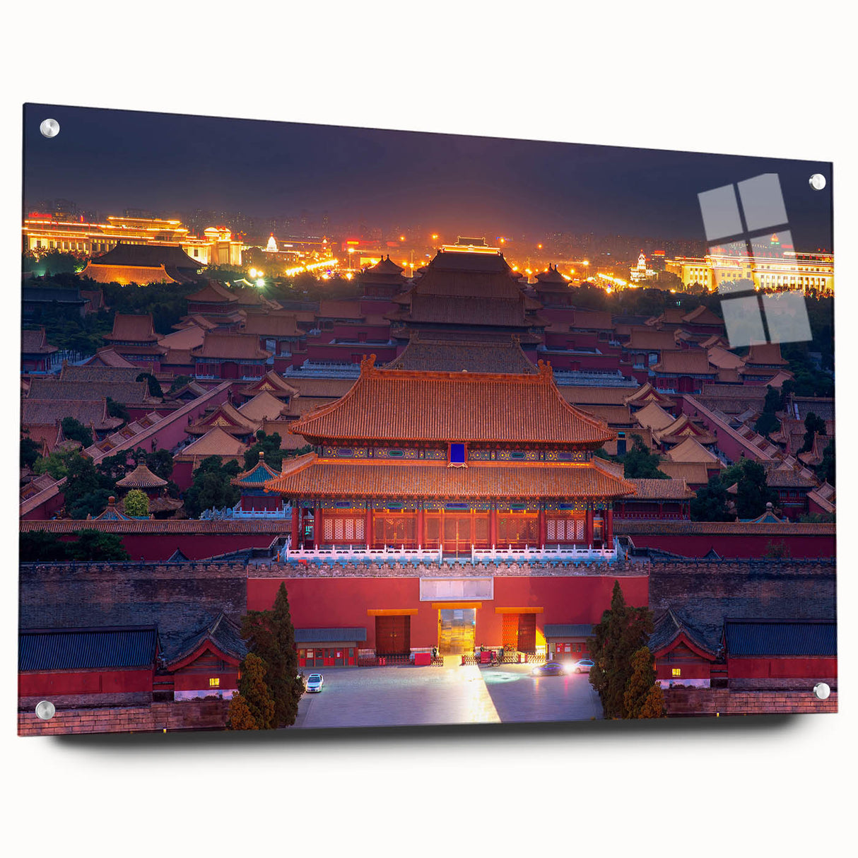 Acrylic print of a large abstract depiction of Beijing, featuring blue and gray tones, ideal for dining room decor.