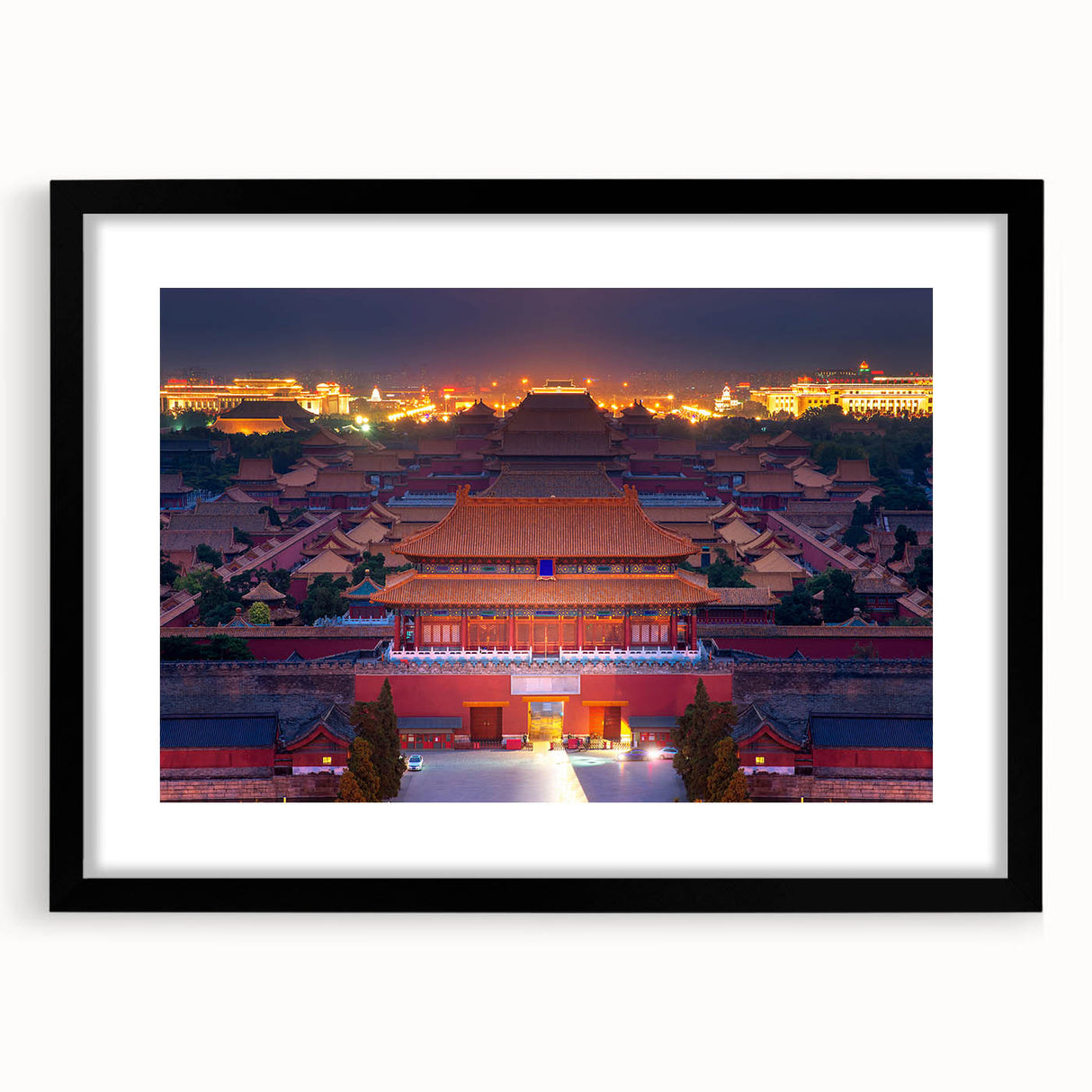 Extra large abstract art print depicting a colorful, textured Beijing cityscape, framed in black.