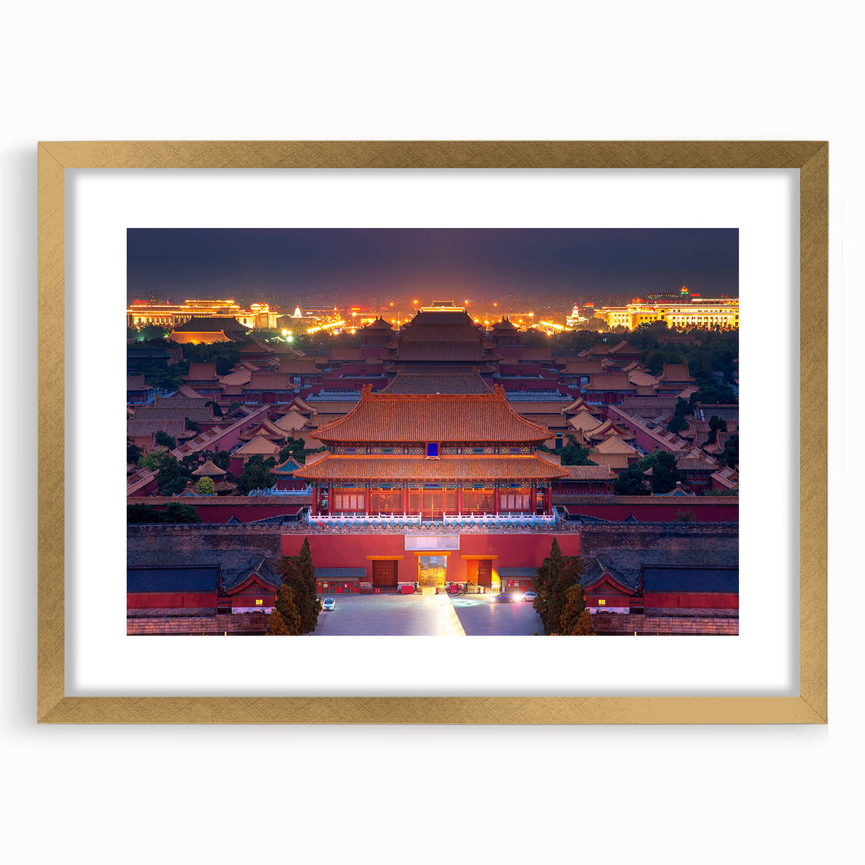 Extra large abstract art print of a textured Beijing scenery in muted gold and earth tones, framed with a mat.