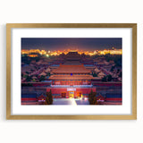 Extra large abstract art print of a textured Beijing scenery in muted gold and earth tones, framed with a mat.