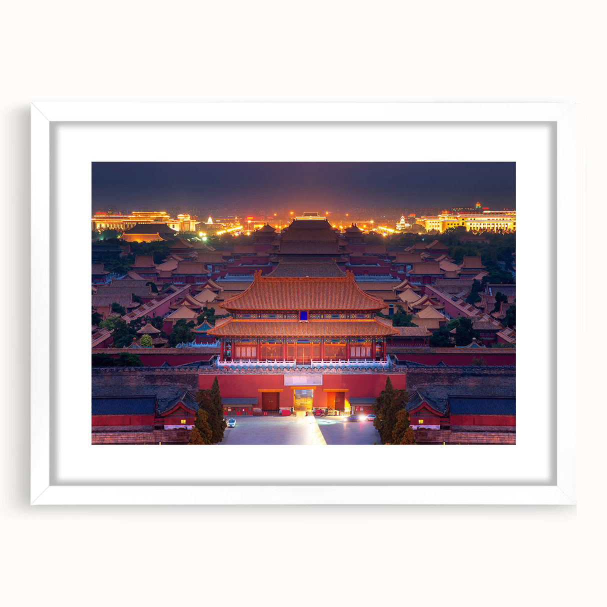 Abstract art print of Beijing scenery in muted earth tones on a white framed canvas, suitable for dining room decor.