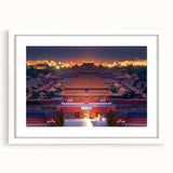 Abstract art print of Beijing scenery in muted earth tones on a white framed canvas, suitable for dining room decor.