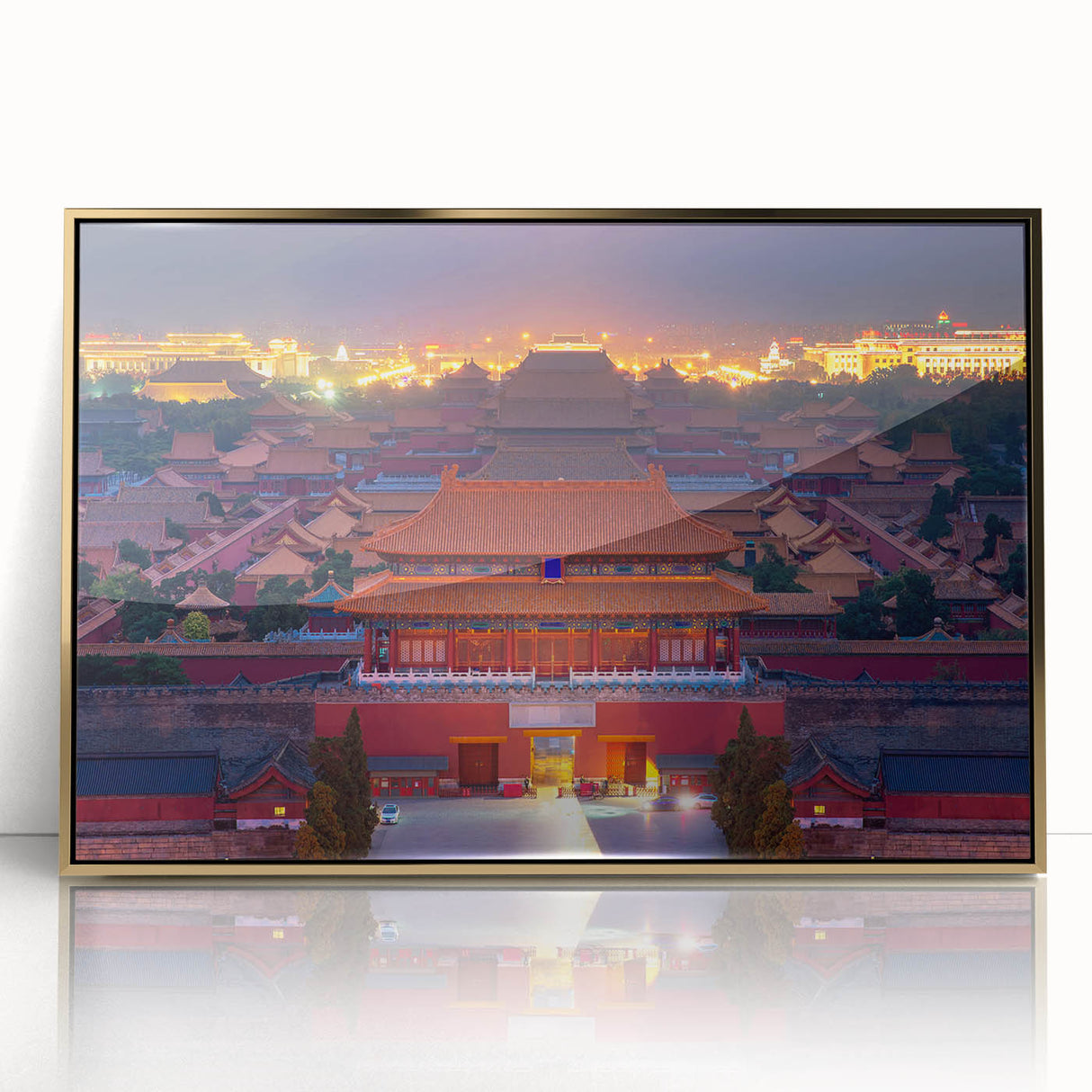 Framed acrylic print of Beijing skyline in gold and black tones, suitable for modern art wall decor.