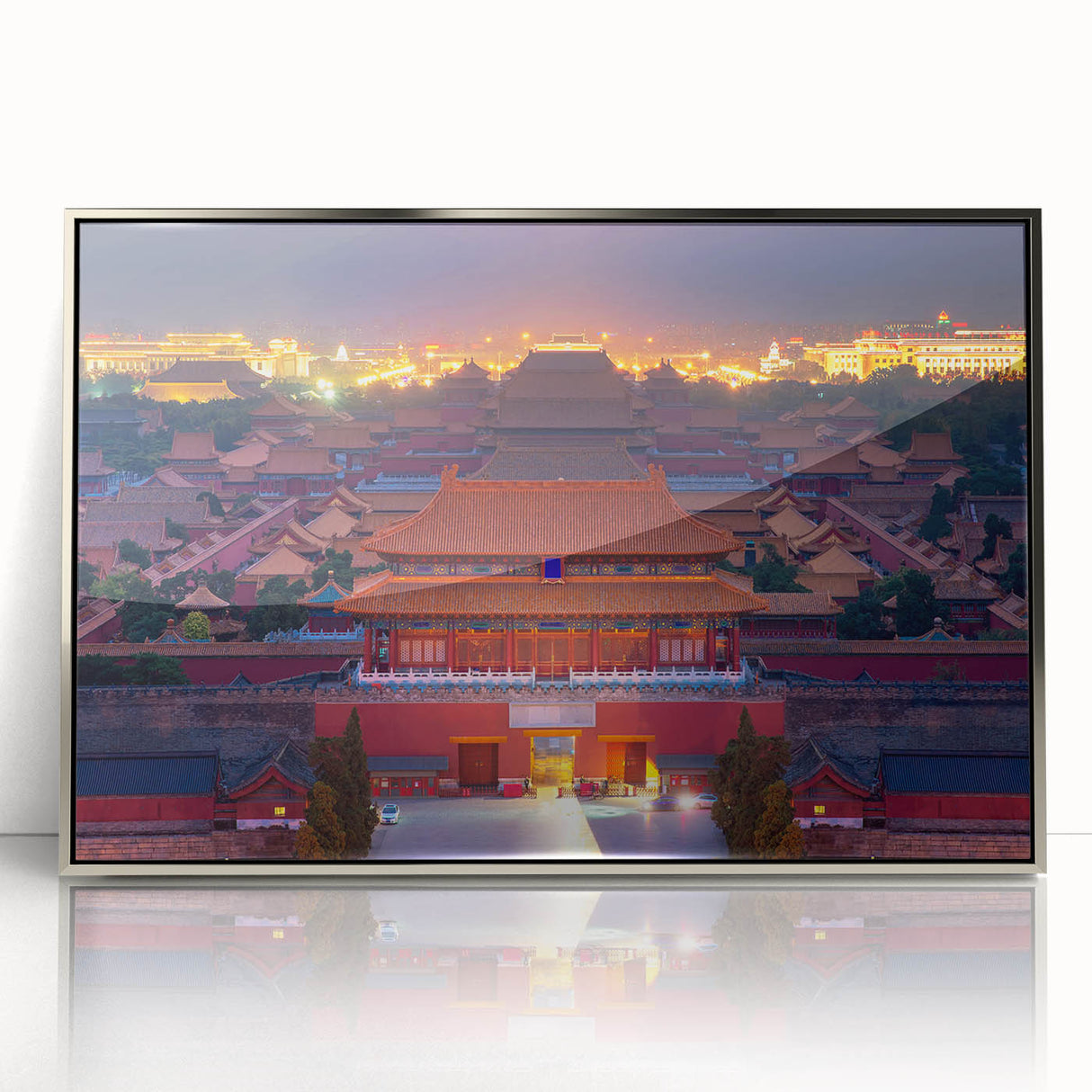 Mid-century modernist art of Beijing scenery in muted tones on a framed acrylic, suitable for modern art wall decor.