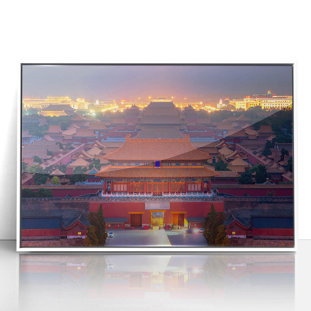 Art deco poster of Beijing scenery in muted colors on white framed acrylic, ideal for modern art wall decor.