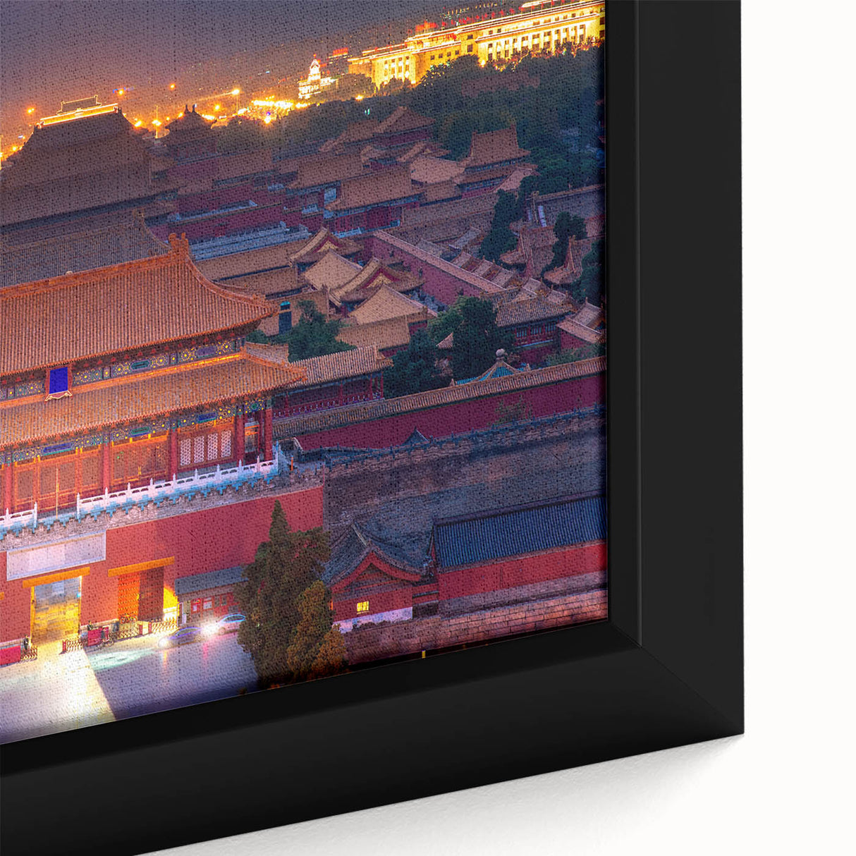 Close-up of a textured, extra large framed canvas depicting colorful Beijing scenery, ideal for living room decor.
