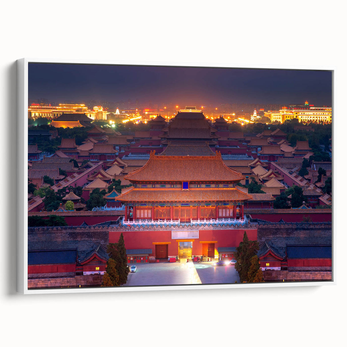 Vintage poster art of Beijing scenery in vibrant colors on a large framed canvas, suitable for living room decor.