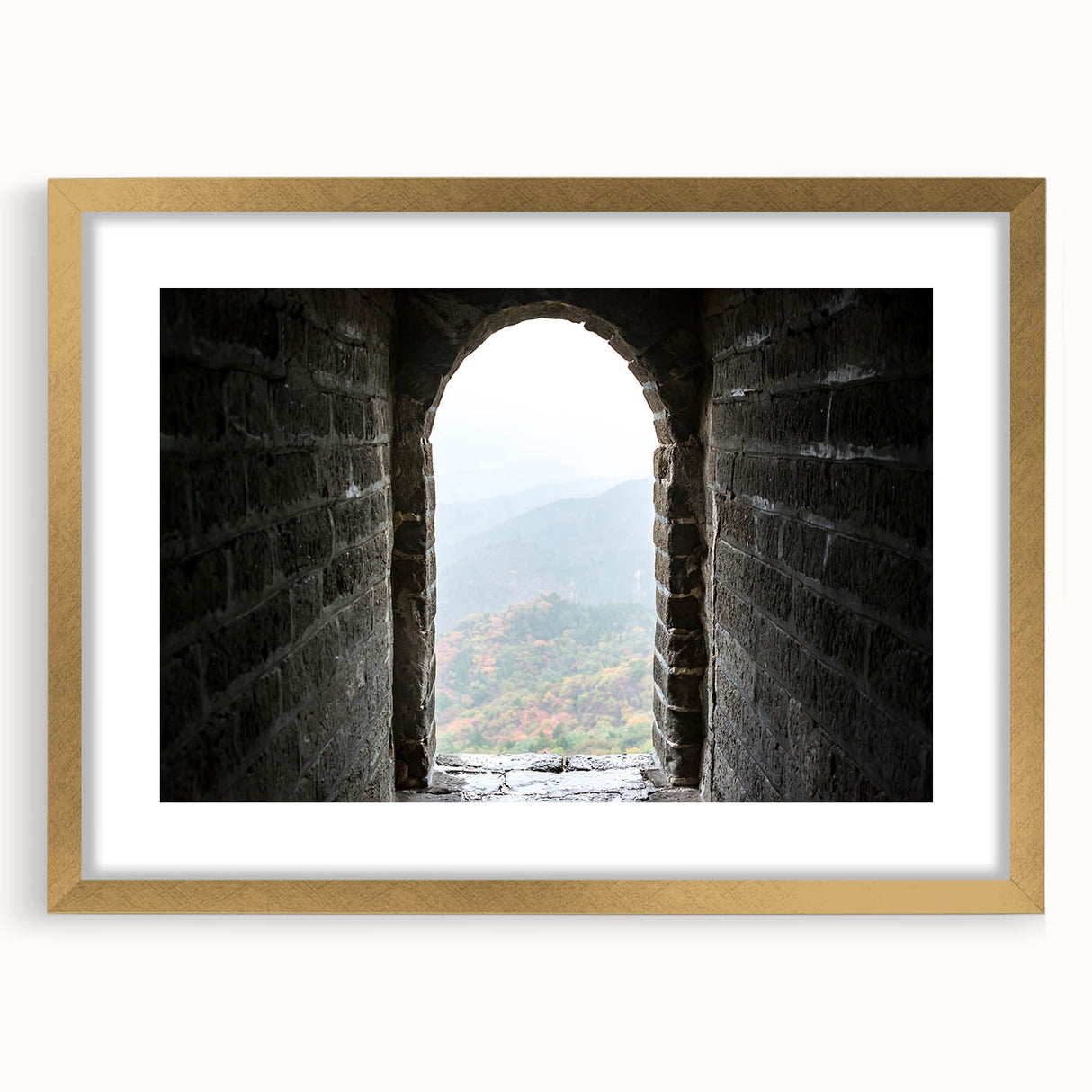 Extra large wall art featuring a textured abstract print of the Great Wall of China in muted earth tones, framed in gold.
