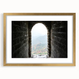Extra large wall art featuring a textured abstract print of the Great Wall of China in muted earth tones, framed in gold.