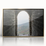 Acrylic print of the Great Wall of China in muted earth tones, framed in gold, suitable for modern art wall decor.