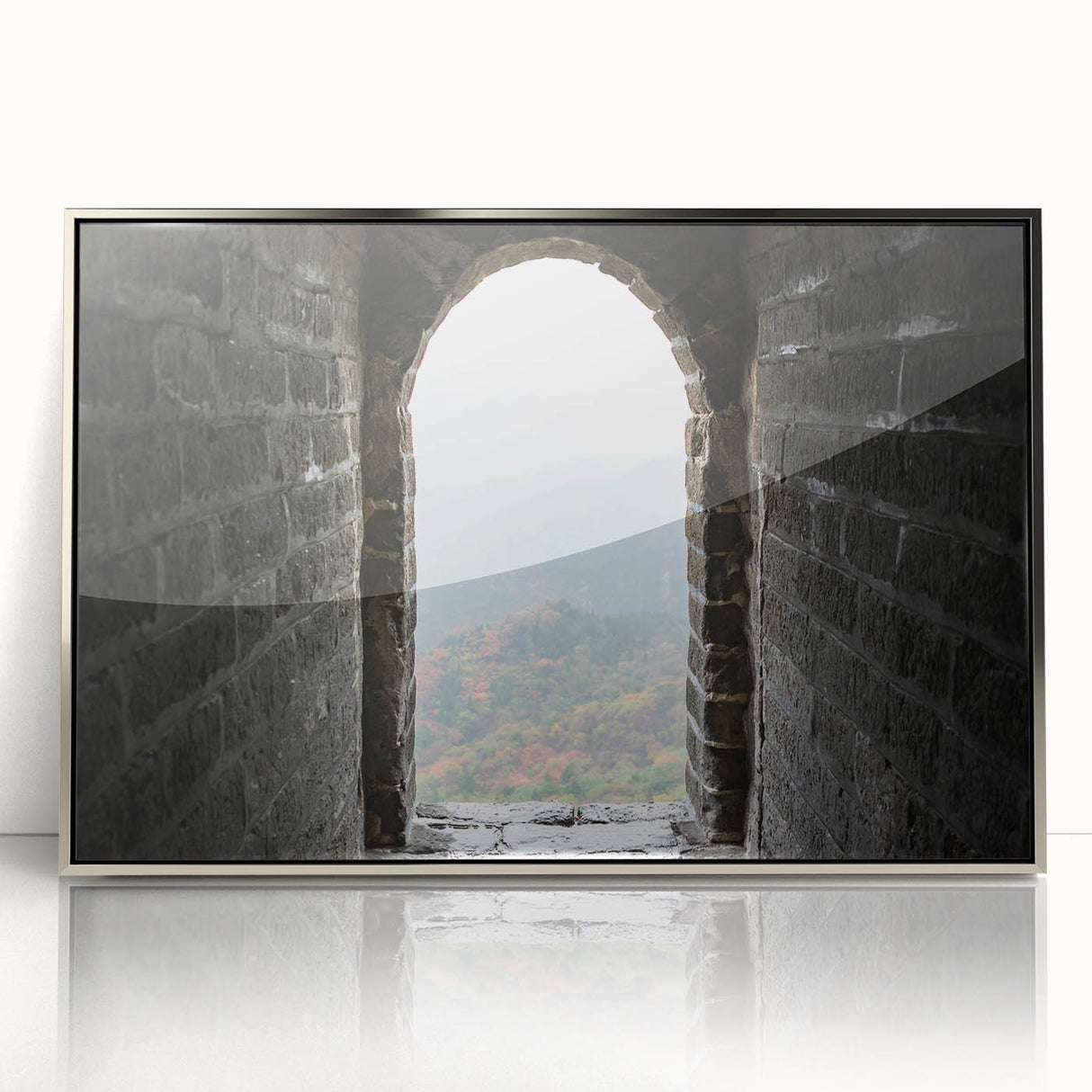 Mid-century modernist art of the Great Wall of China in muted earth tones on a framed acrylic print.