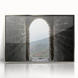 Mid-century modernist art of the Great Wall of China in muted earth tones on a framed acrylic print.