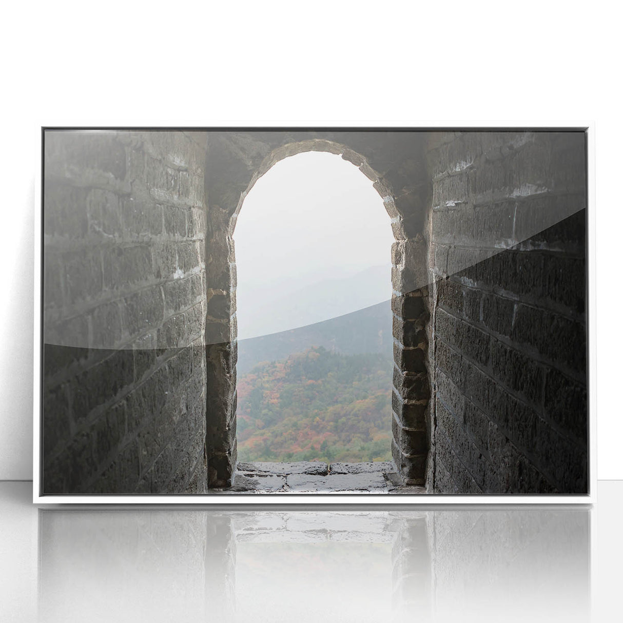 Framed acrylic print of the Great Wall of China in muted earth tones, suitable for modern art wall decor.