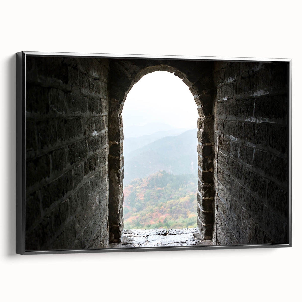 Black and white framed canvas of the Great Wall of China in a vintage poster style, ideal for bedroom wall decor.