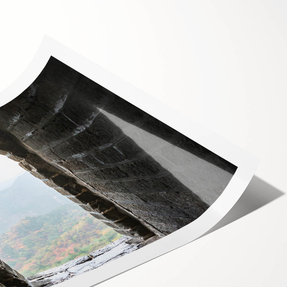 Extra large wall art of the Great Wall of China in muted earth tones on rolled canvas, suitable for large living room spaces.