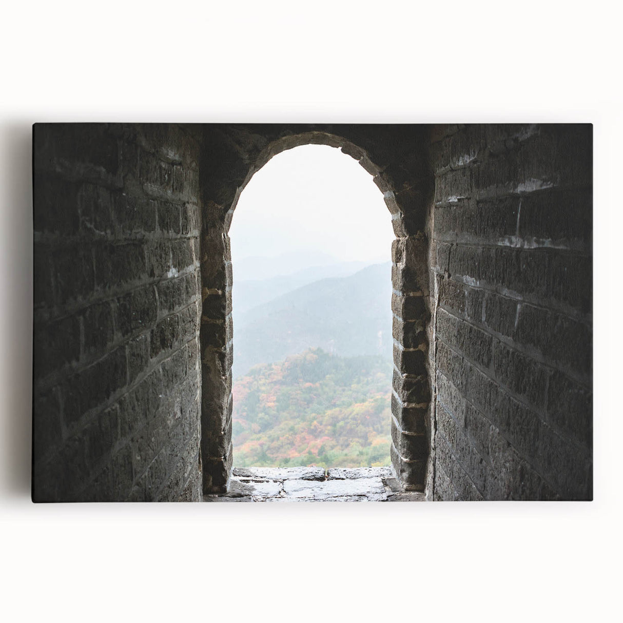 Black and white photograph of the Great Wall of China on stretched canvas, ideal for kitchen wall art.