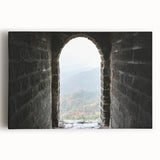 Black and white photograph of the Great Wall of China on stretched canvas, ideal for kitchen wall art.