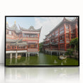 Large abstract wall art depicting Shanghai skyline in muted gray and blue tones, acrylic print framed in black.