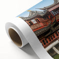 Art Deco-style Shanghai skyline with muted gold and blue tones on rolled canvas.