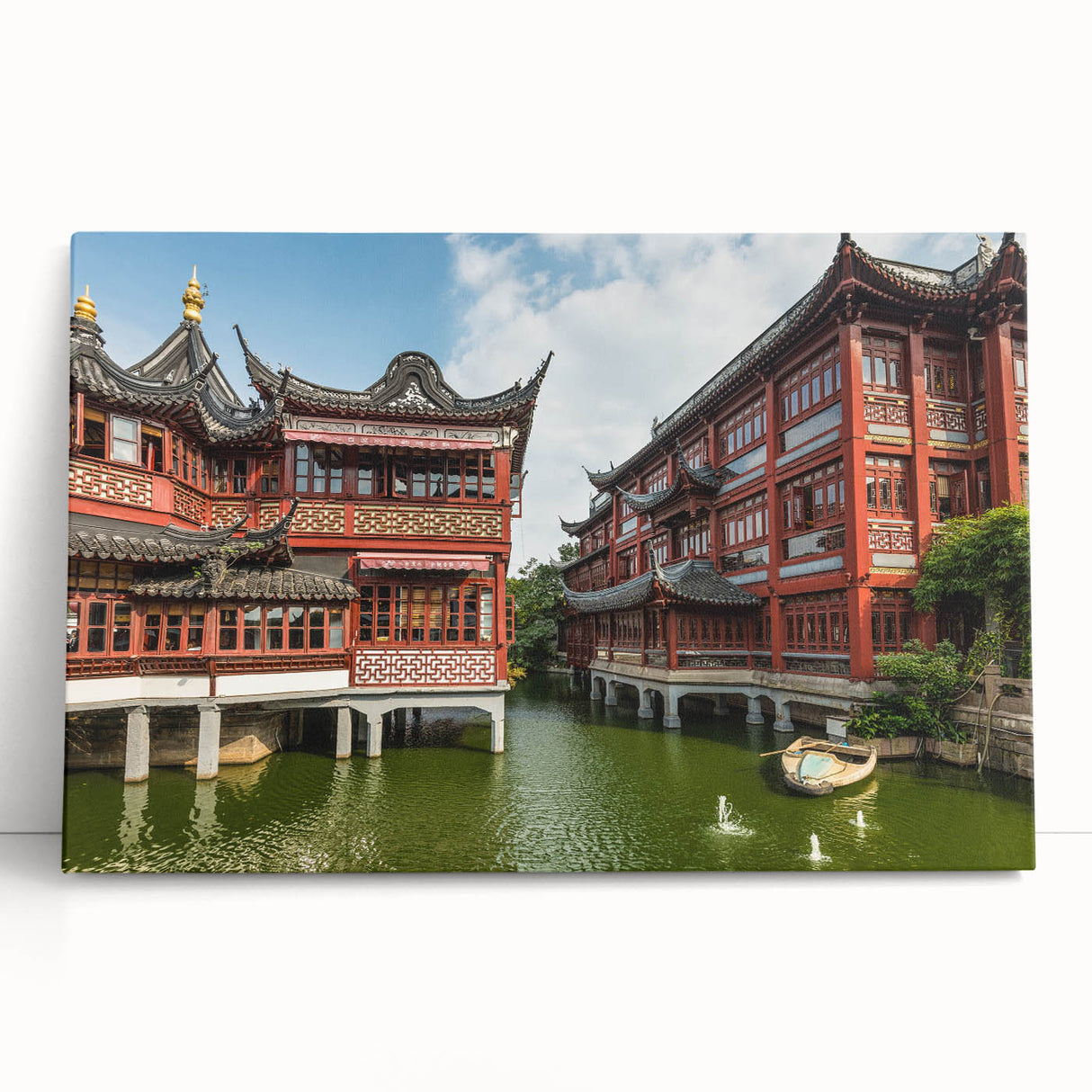 A black and white photograph of the Shanghai skyline on stretched canvas, suitable as large kitchen wall art.