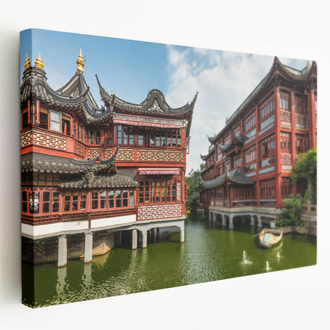 Large canvas print of the Shanghai skyline in muted gray and blue tones, suitable for kitchen wall art.