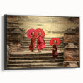 Black and white wall art featuring a vintage poster-style landscape of Tibet on framed canvas, suitable for bedroom decor.