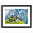 Extra large abstract art print of colorful, textured scenery on a framed black mat, ideal for living room decor.