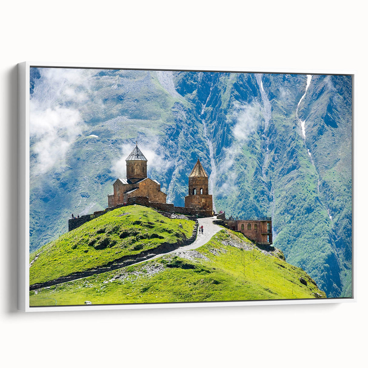 Vintage poster art of a scenic Georgian landscape on framed canvas, featuring vibrant colors and a black border.
