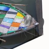 Large abstract wall art depicting an Indian landscape in vibrant colors on acrylic glass, ideal for dining room ambiance.