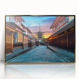 Large art print of Kyoto scenery, featuring mid-century modernist style in gold tones on framed acrylic.