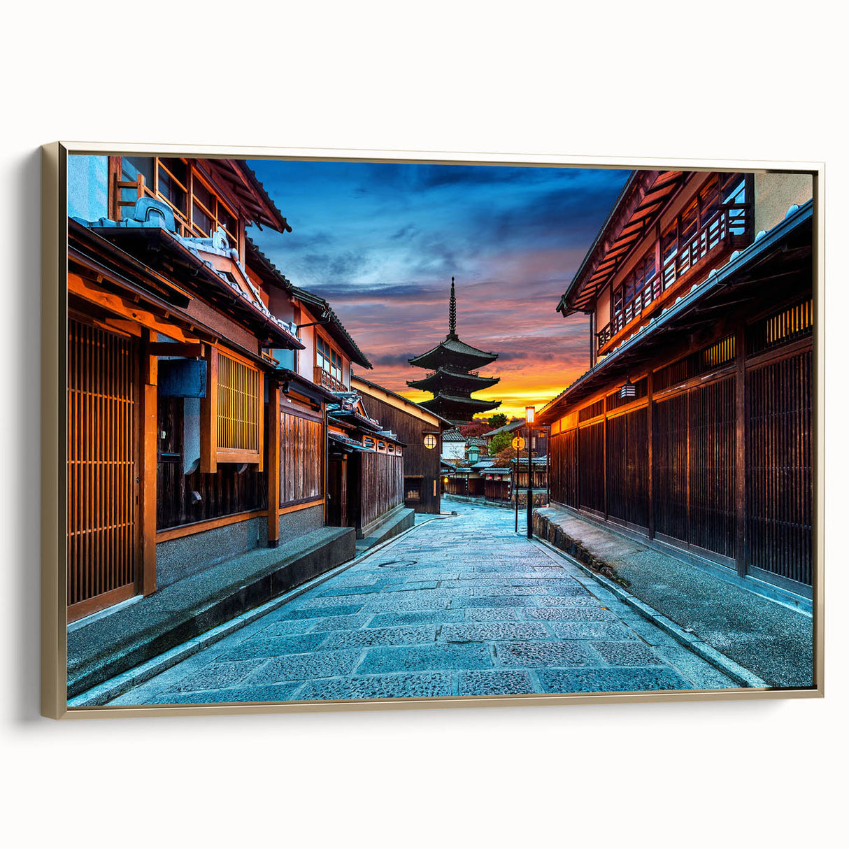 Framed canvas depicting a vintage Kyoto landscape in muted gold and black tones, ideal for bedroom wall art.
