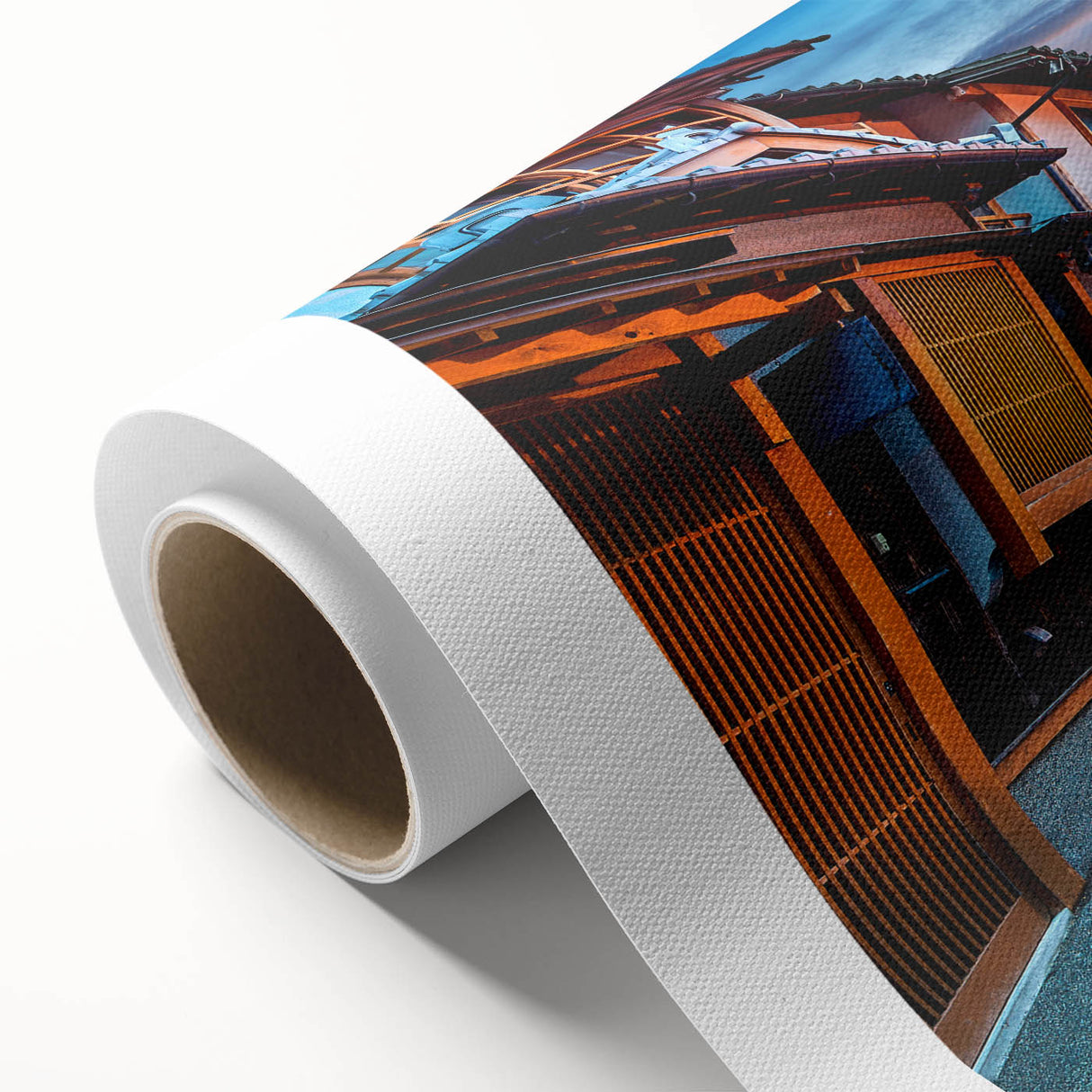 Art deco poster of Kyoto scenery on rolled canvas, featuring muted earth tones, ideal for nursery wall art.
