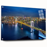 Acrylic print of Tokyo skyline in muted gray and blue tones, suitable for bedroom or dining room decor.