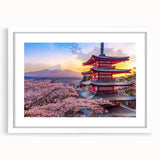 Abstract art print of a Japanese landscape in muted earth tones on a framed white canvas, suitable for dining room decor.