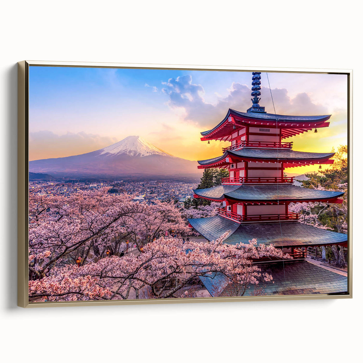 Vintage-style framed canvas depicting a serene Japanese landscape in muted gold and black tones.