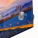 Large abstract depiction of Seoul in muted earth tones on acrylic glass, suitable as mid-century modernist dining room art.