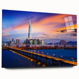 Acrylic print of a large abstract depiction of Seoul, featuring vibrant blue and green tones.